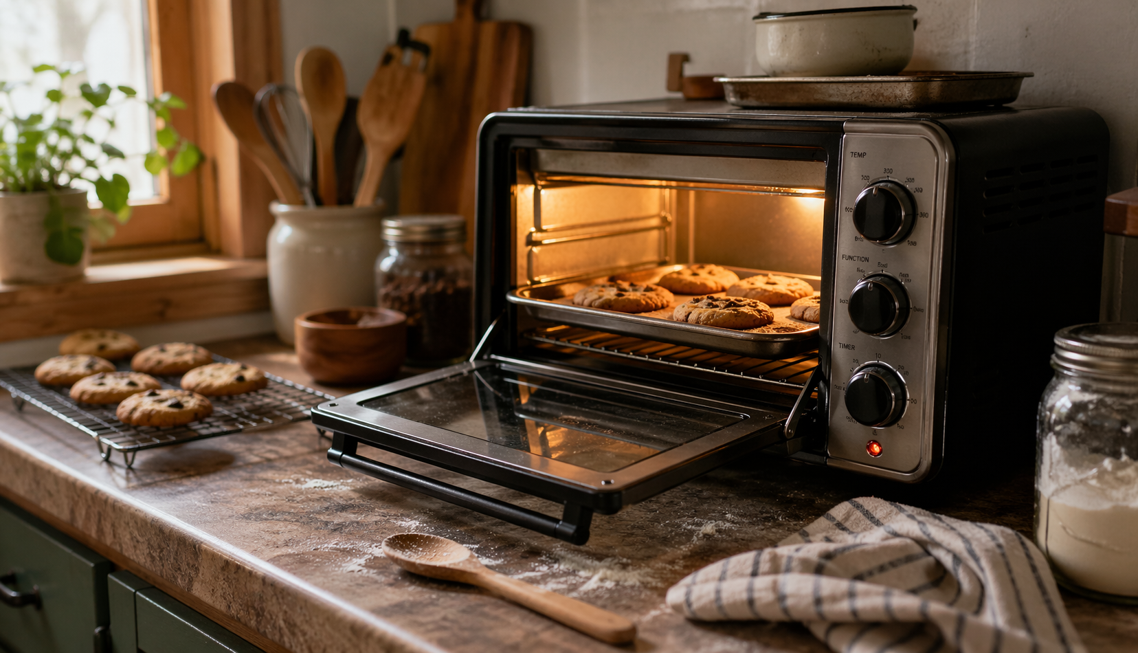 Toaster oven baking cookies on kitchen counter with warm lighting