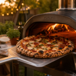 Outdoor pizza oven baking pizza with flames and metal peel