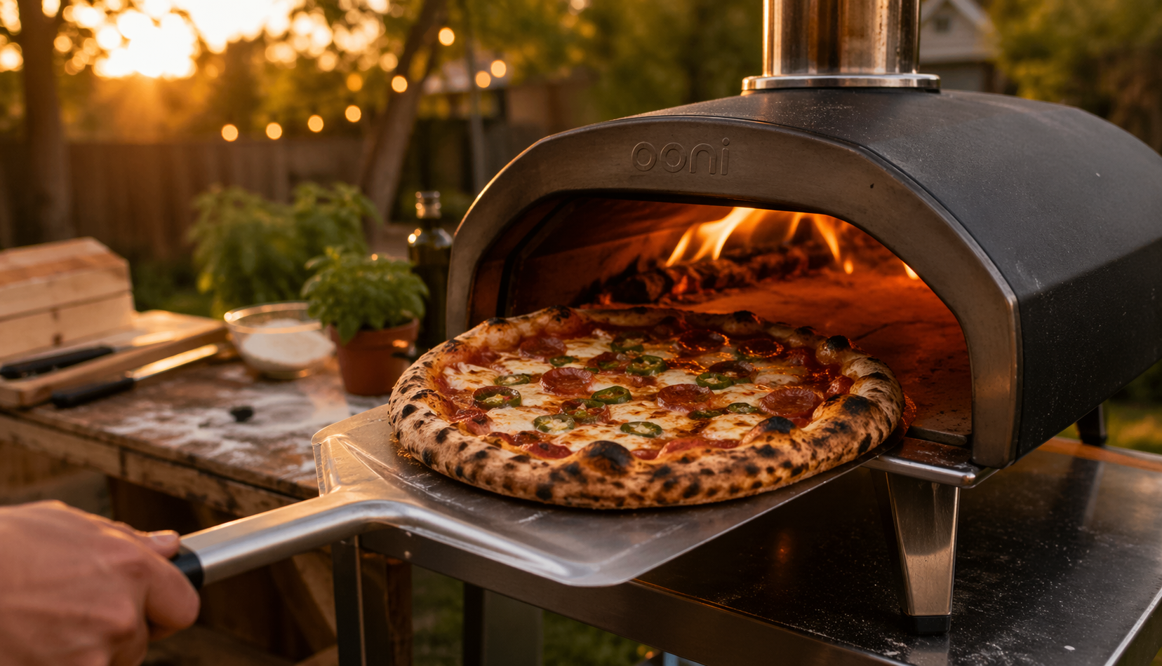 Outdoor pizza oven baking pizza with flames and metal peel
