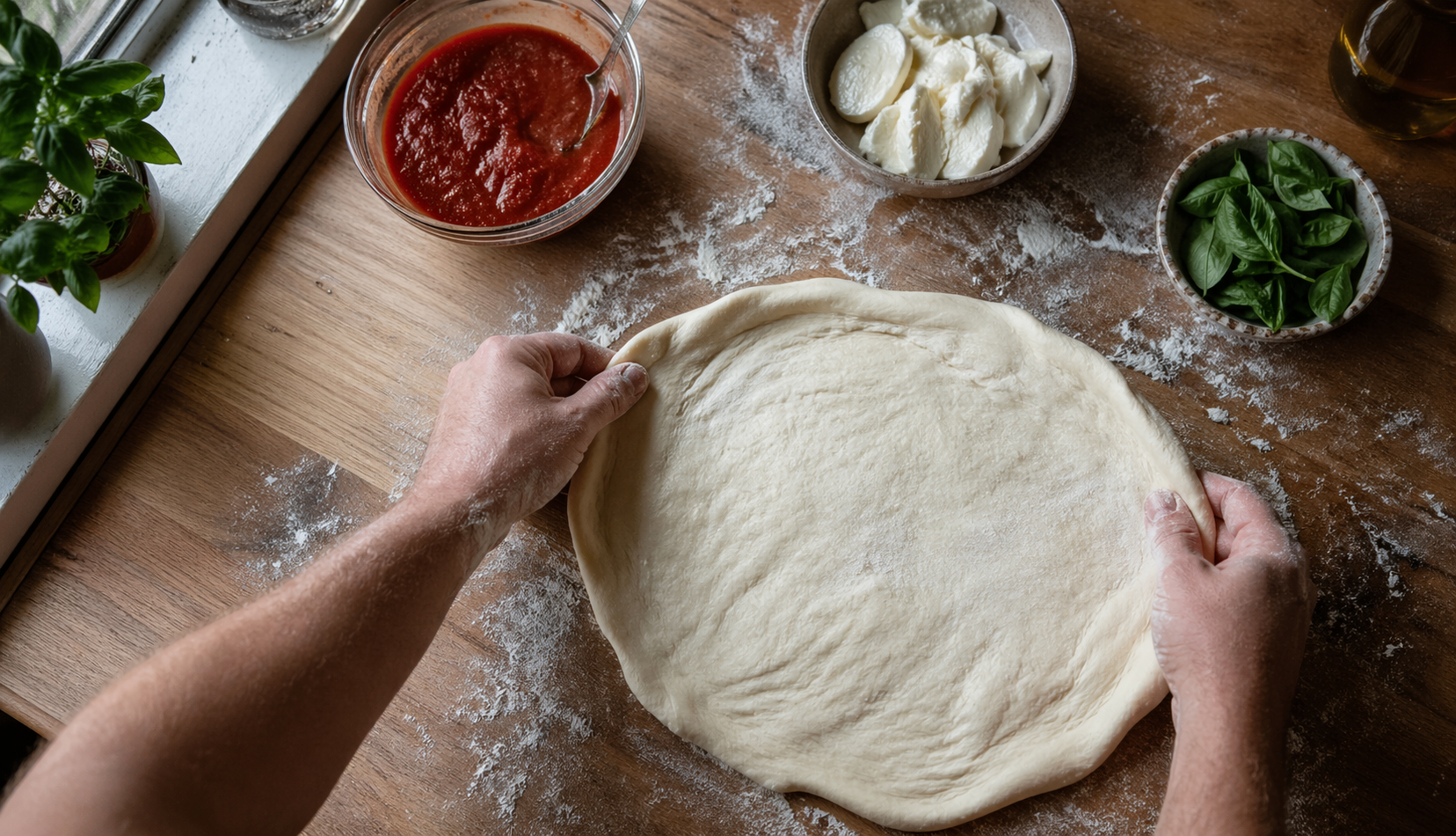 Hands stretching pizza dough on floured wooden kitchen surface