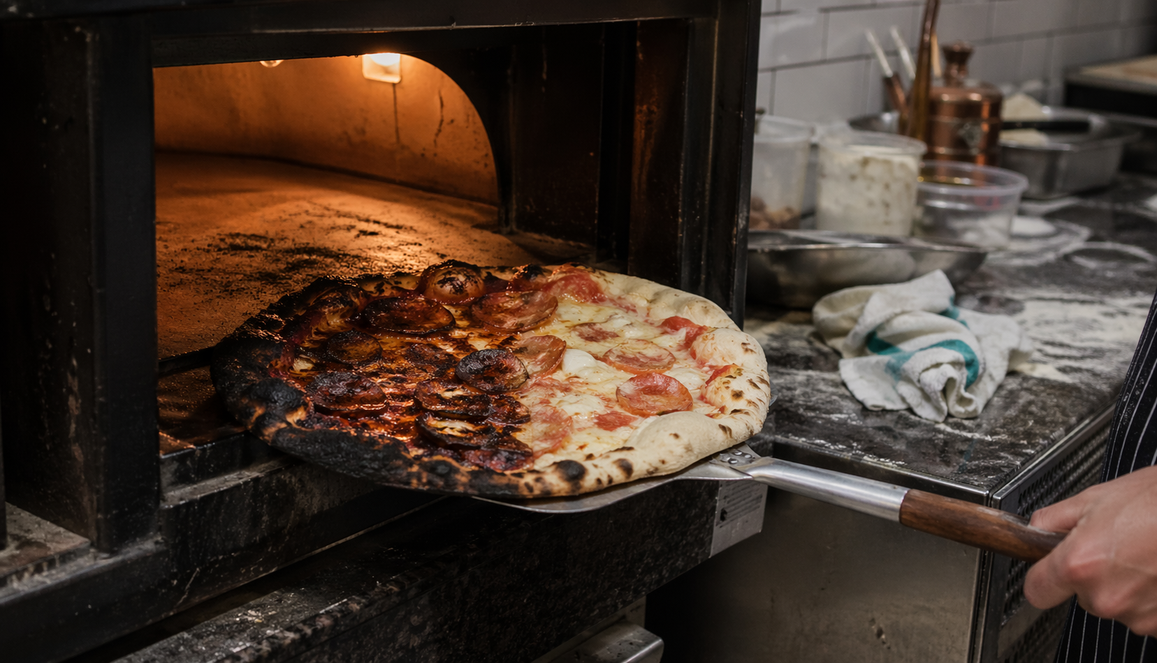 Burnt pizza with uneven cooking inside pizza oven mistake