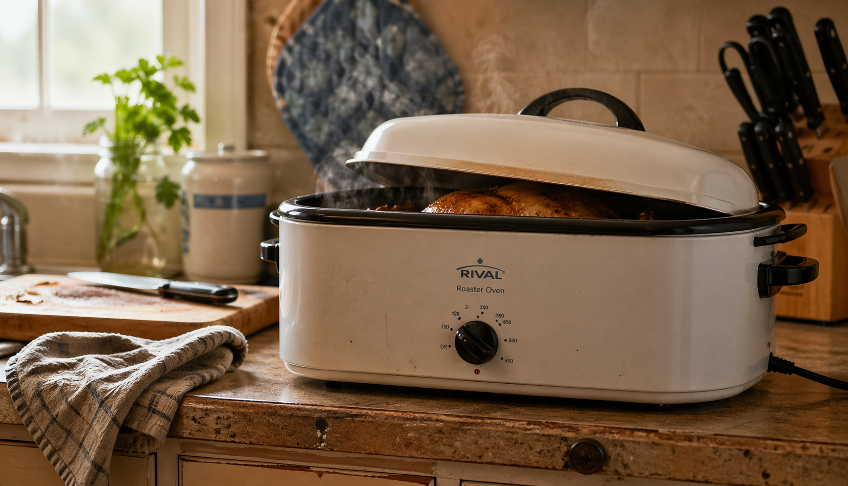 Rival roaster oven on kitchen counter with steam rising
