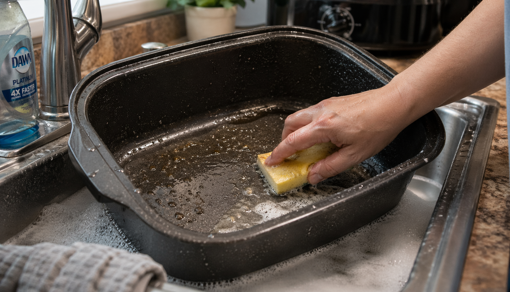 cleaning roaster oven insert in sink with sponge