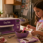 child using easy bake oven in home kitchen with supervision