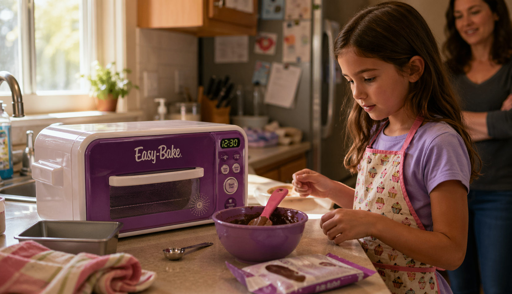 child using easy bake oven in home kitchen with supervision