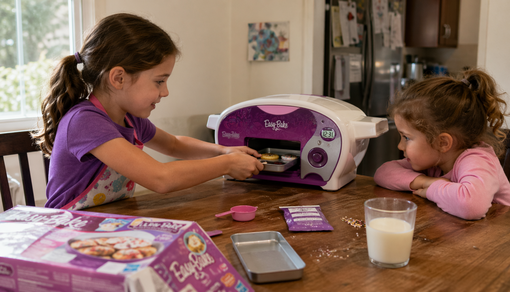 older and younger kids using easy bake oven together