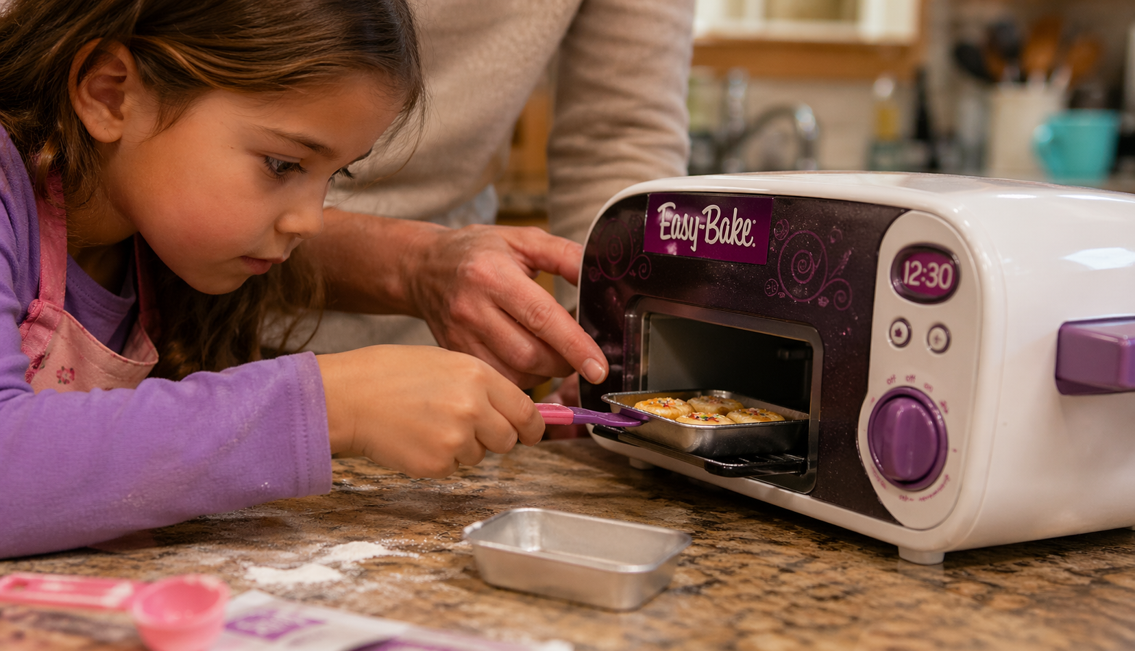 child using easy bake oven safely with adult supervision