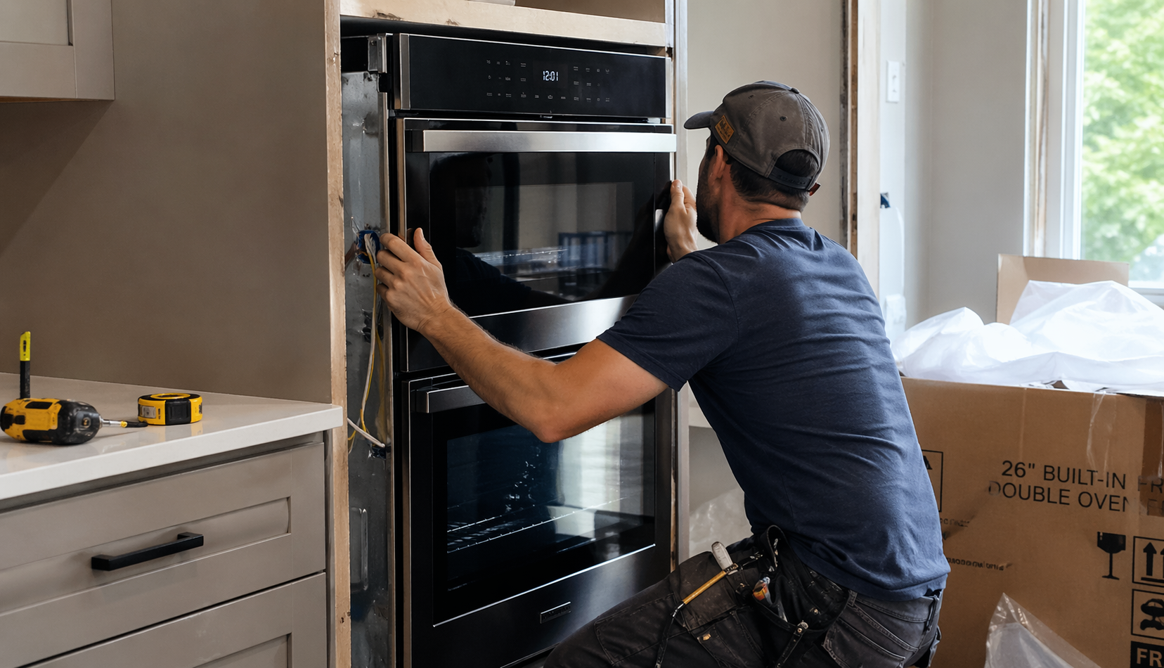 technician installing double oven into kitchen cabinet space