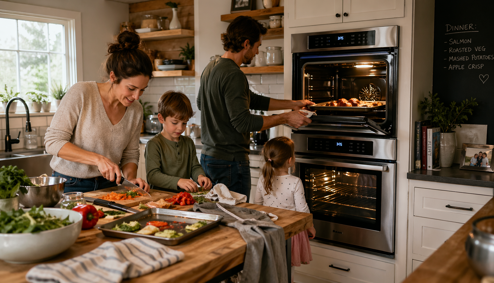 family cooking multiple dishes using double oven at home