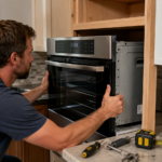 installing wall oven into cabinet during home kitchen setup