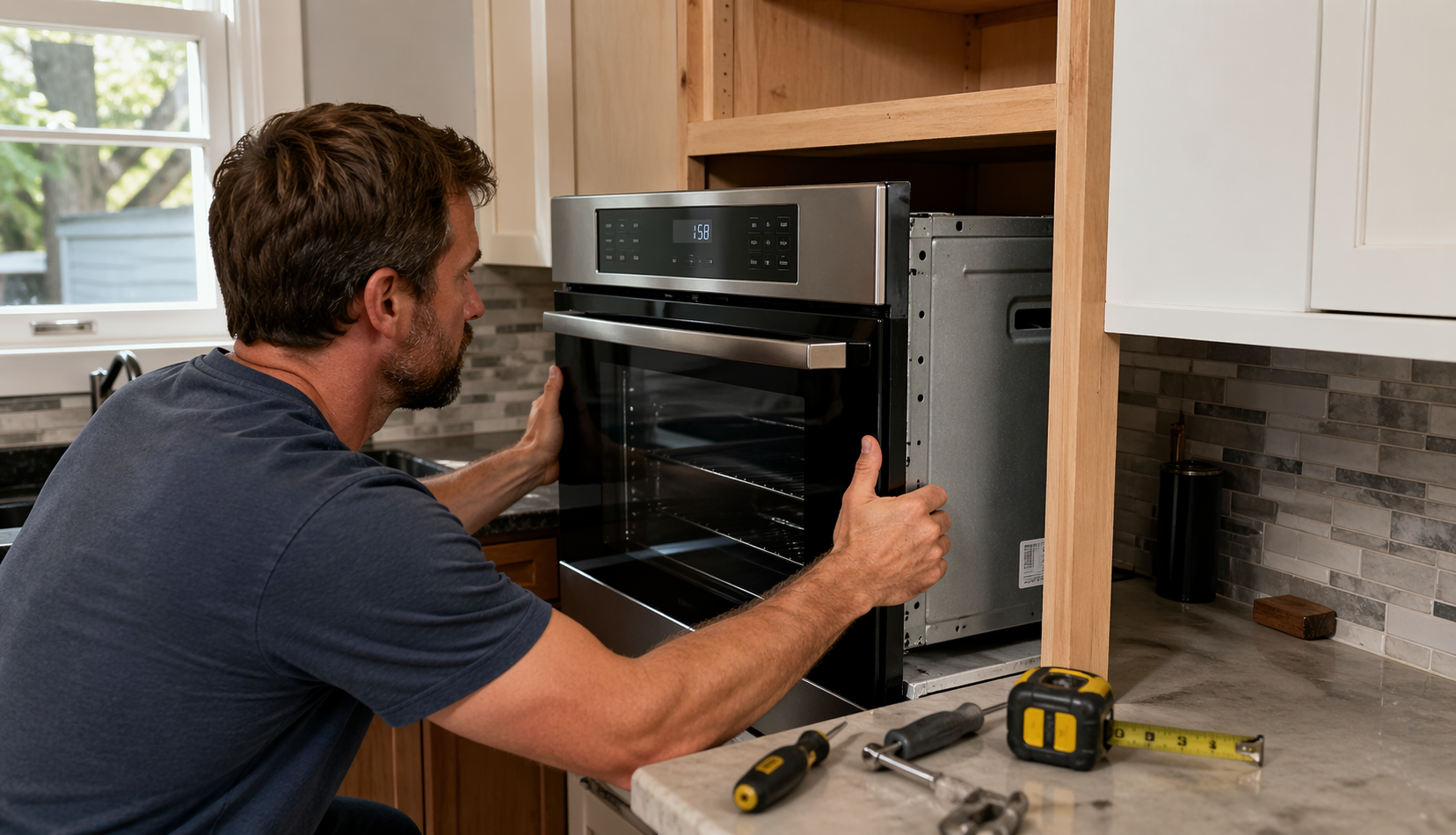 installing wall oven into cabinet during home kitchen setup