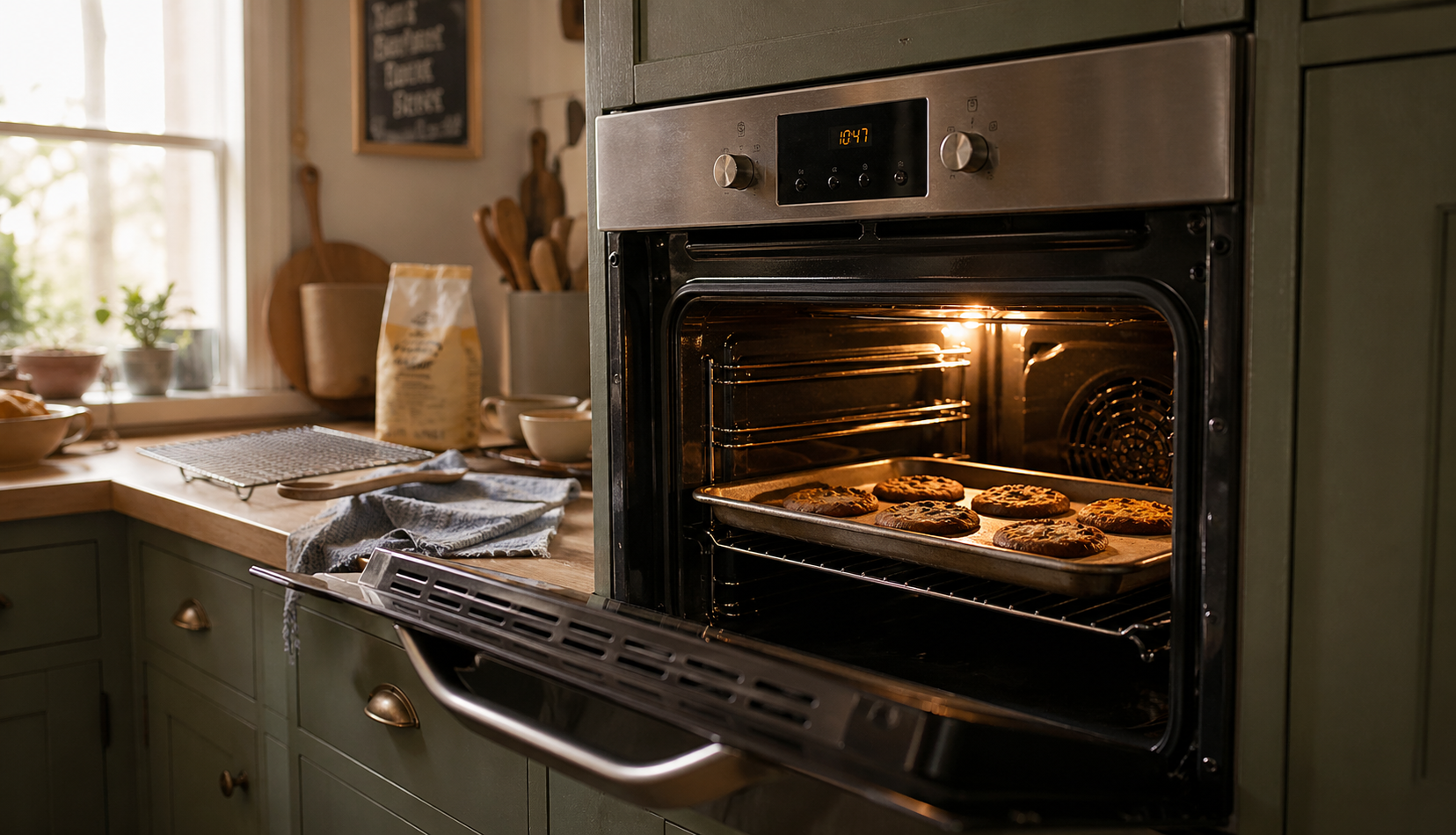 Oven with cookies slightly overbaked showing temperature inconsistency