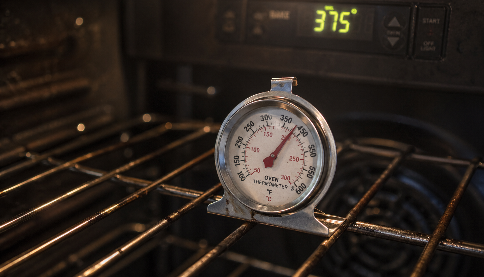 Oven thermometer showing real temperature inside oven