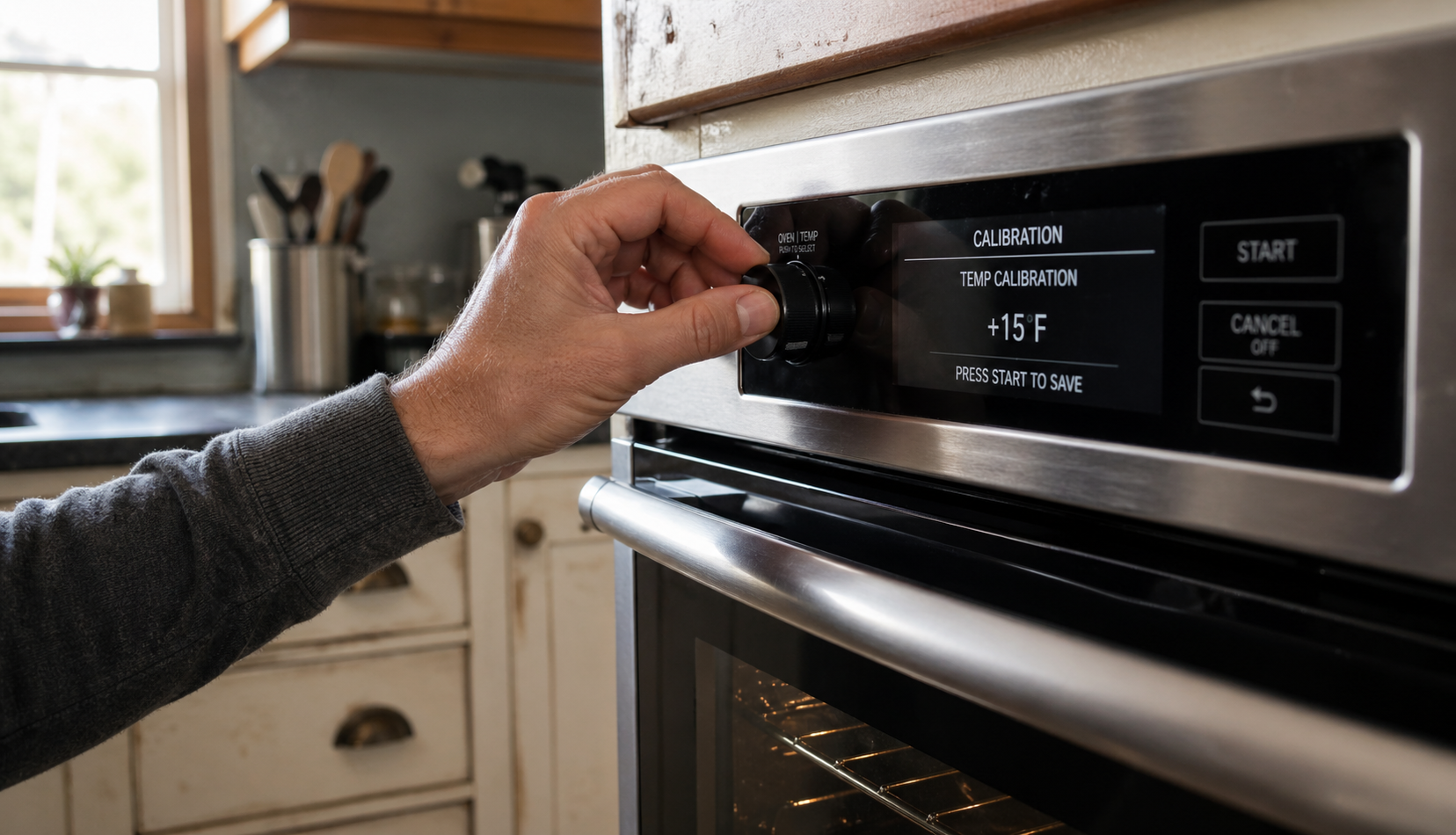 Hand adjusting oven temperature calibration dial or settings