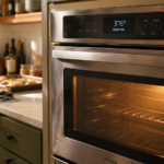 Oven preheating with baking tray ready on kitchen counter