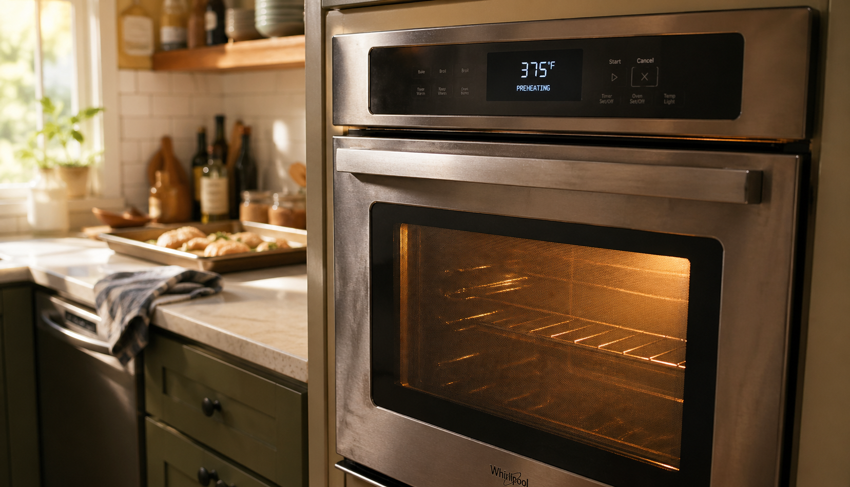 Oven preheating with baking tray ready on kitchen counter