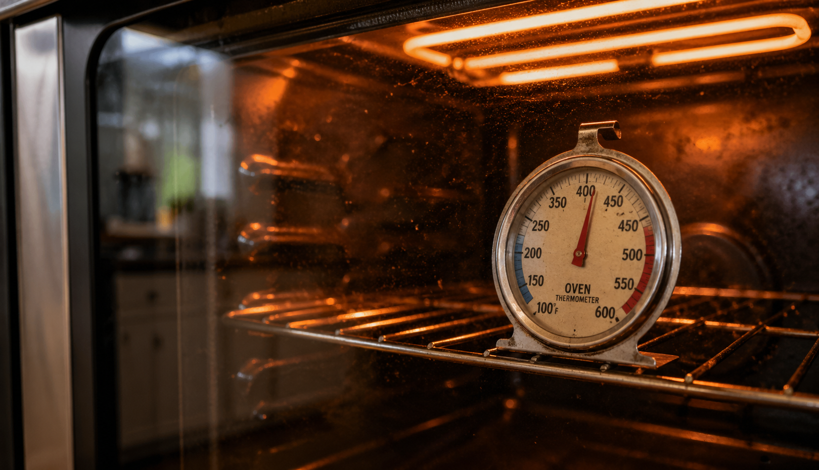 Oven thermometer showing real temperature during preheating