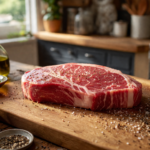 raw steak on cutting board with seasoning in home kitchen