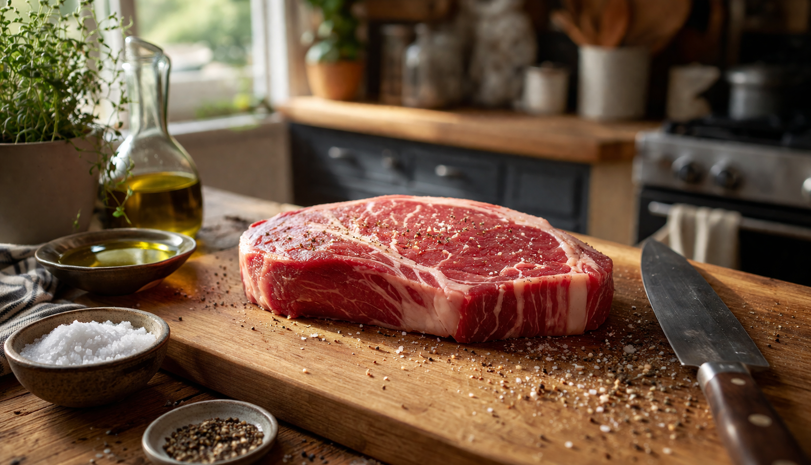 raw steak on cutting board with seasoning in home kitchen