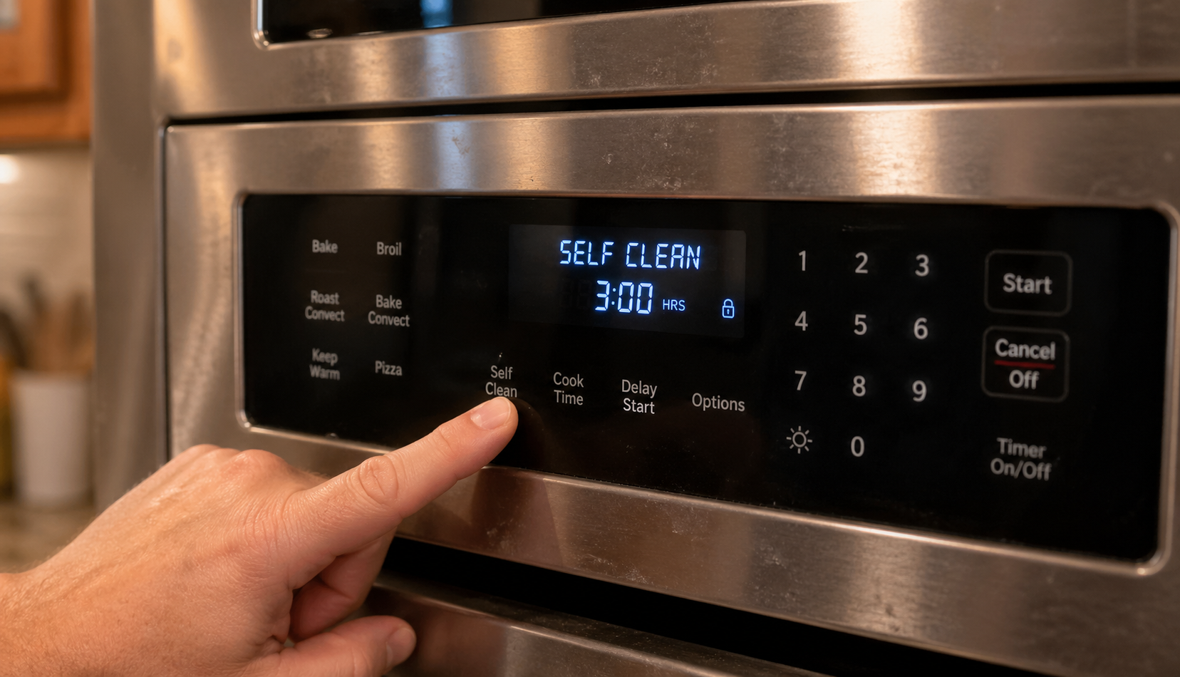 pressing self-clean button on oven control panel close up