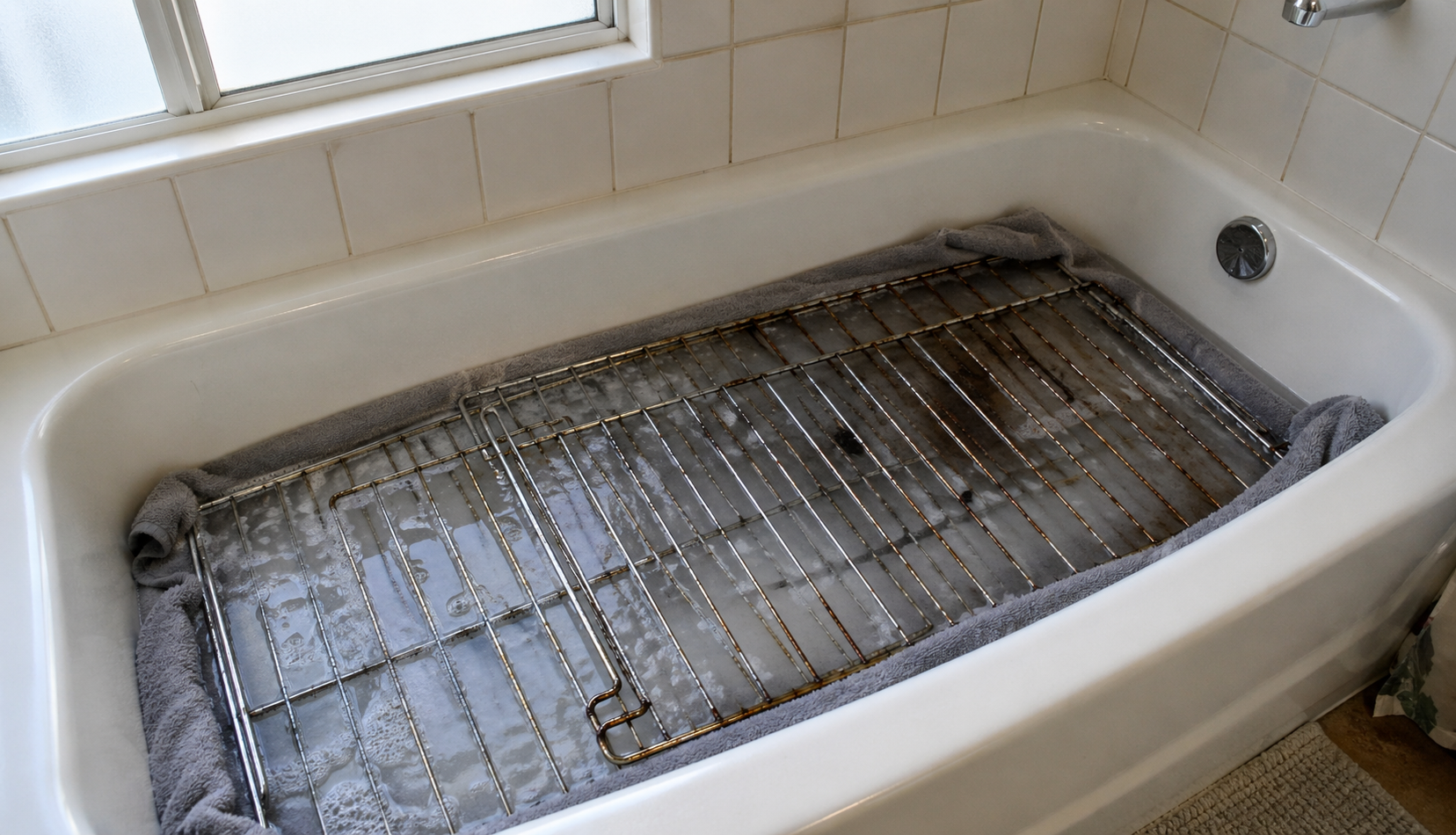ChatGPT Image Apr 28, 2026, 07_44_24 PM oven racks soaking in bathtub with soapy water cleaning method
