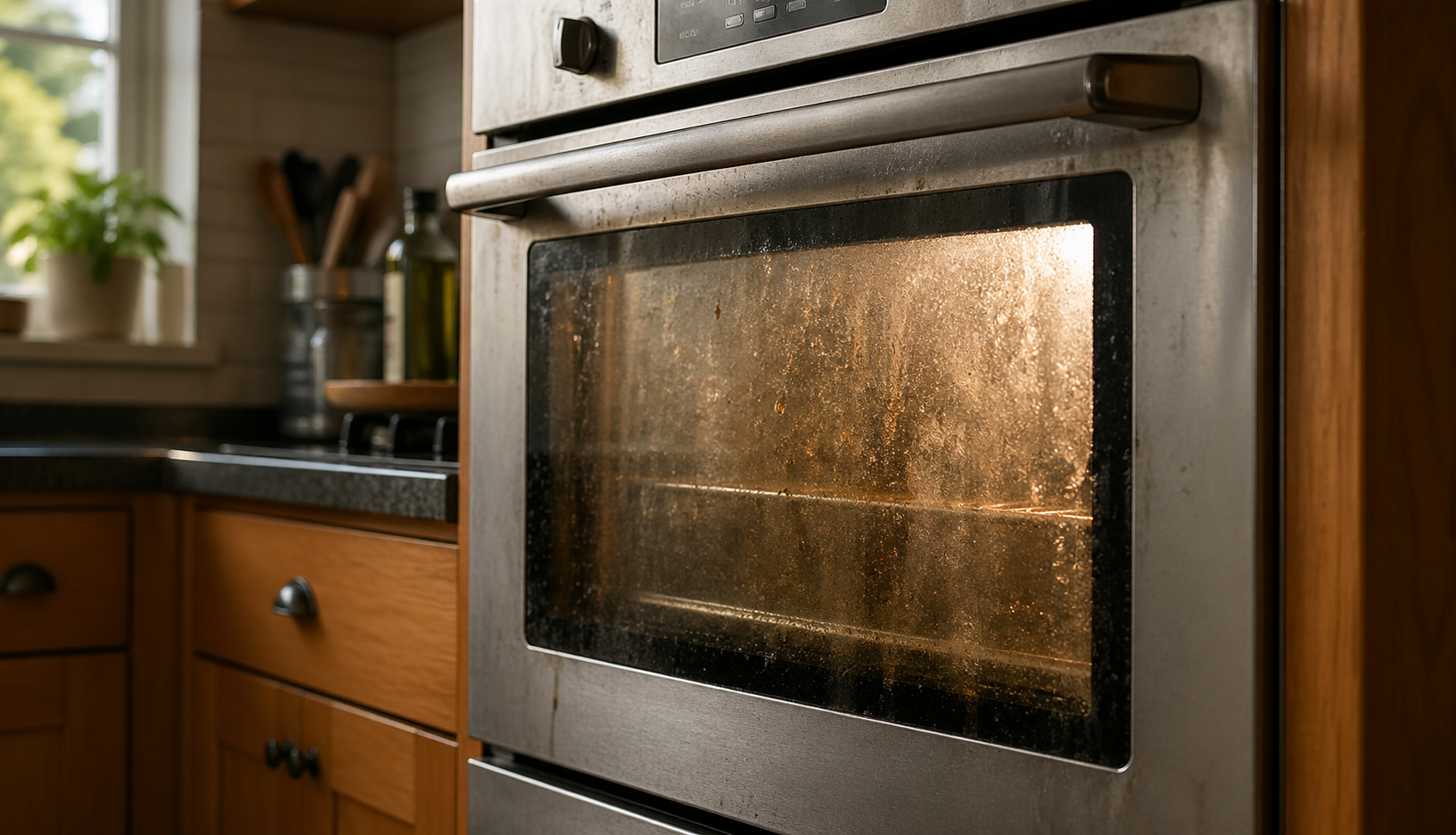cloudy oven glass door with grease and baked-on residue buildup