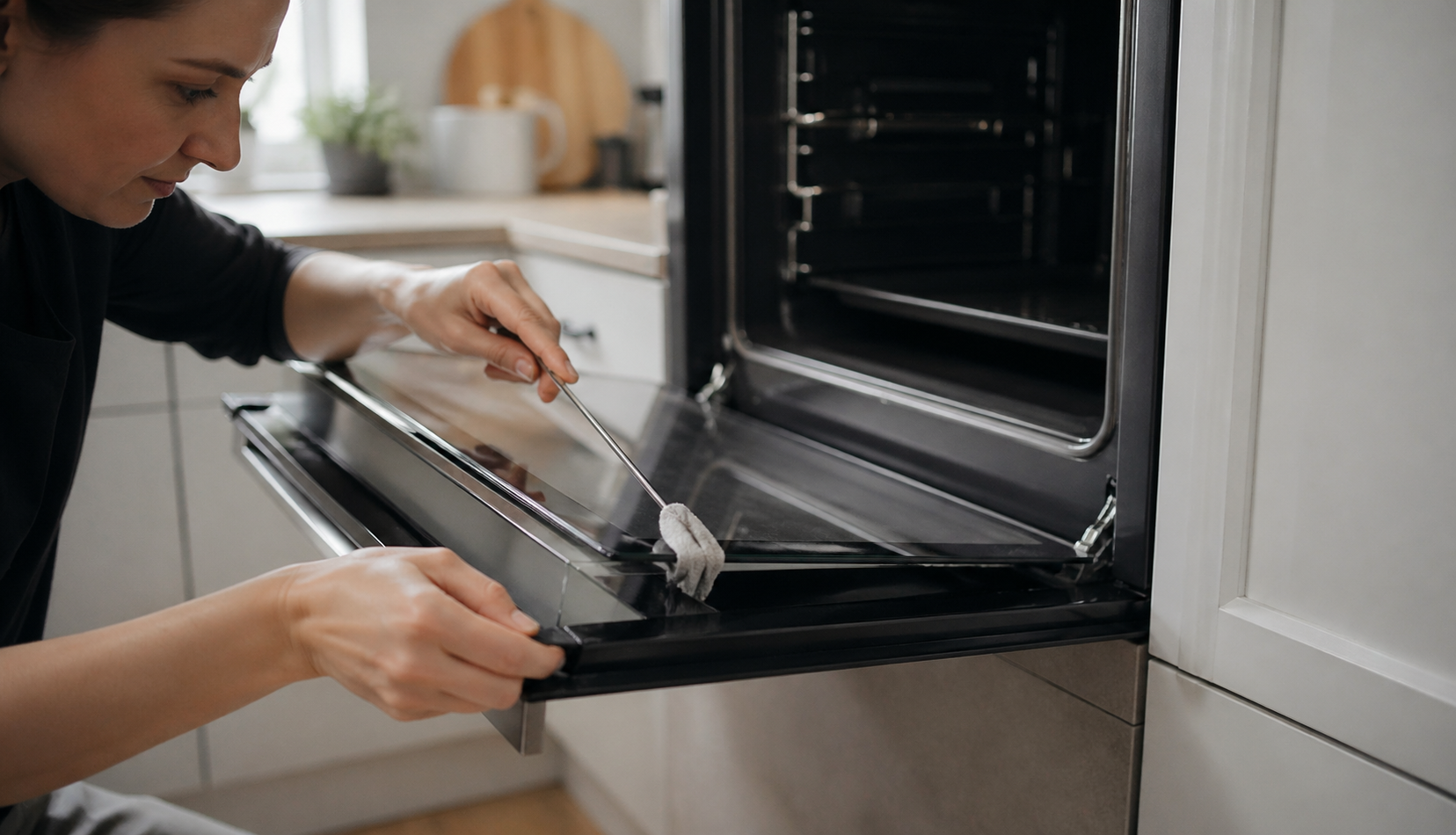 cleaning inside oven door glass panels using thin tool and cloth