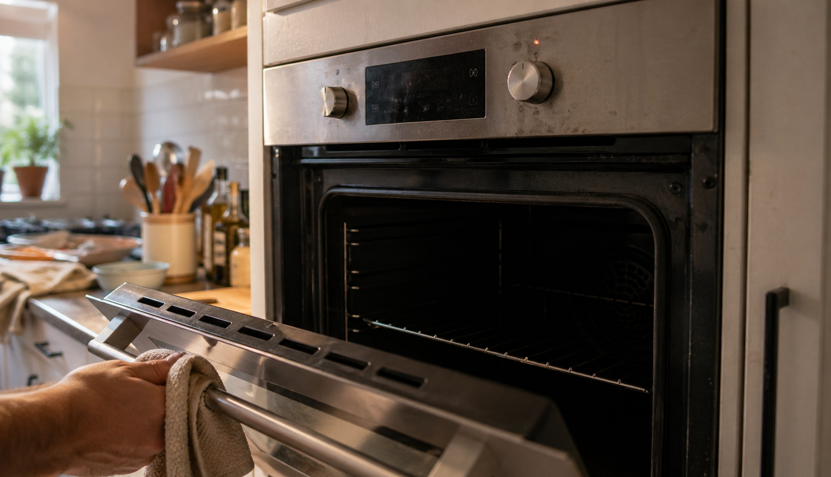 Technician inspecting oven not heating in modern kitchen