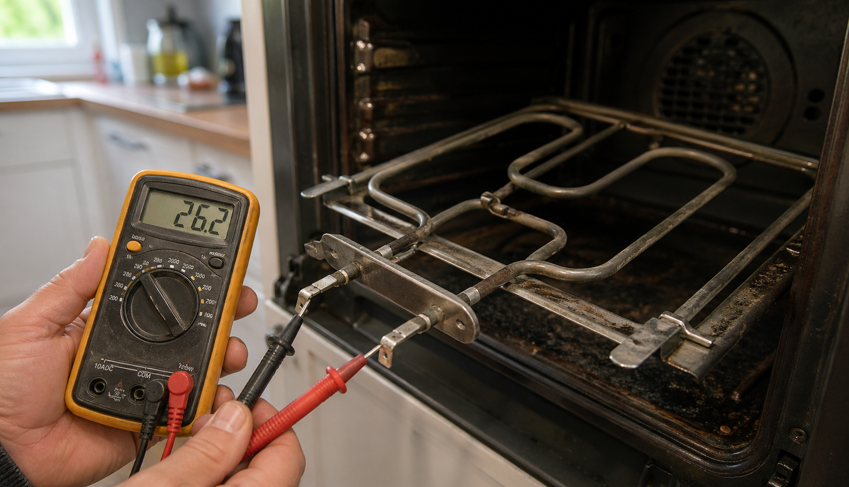 Testing oven heating element with multimeter in close-up