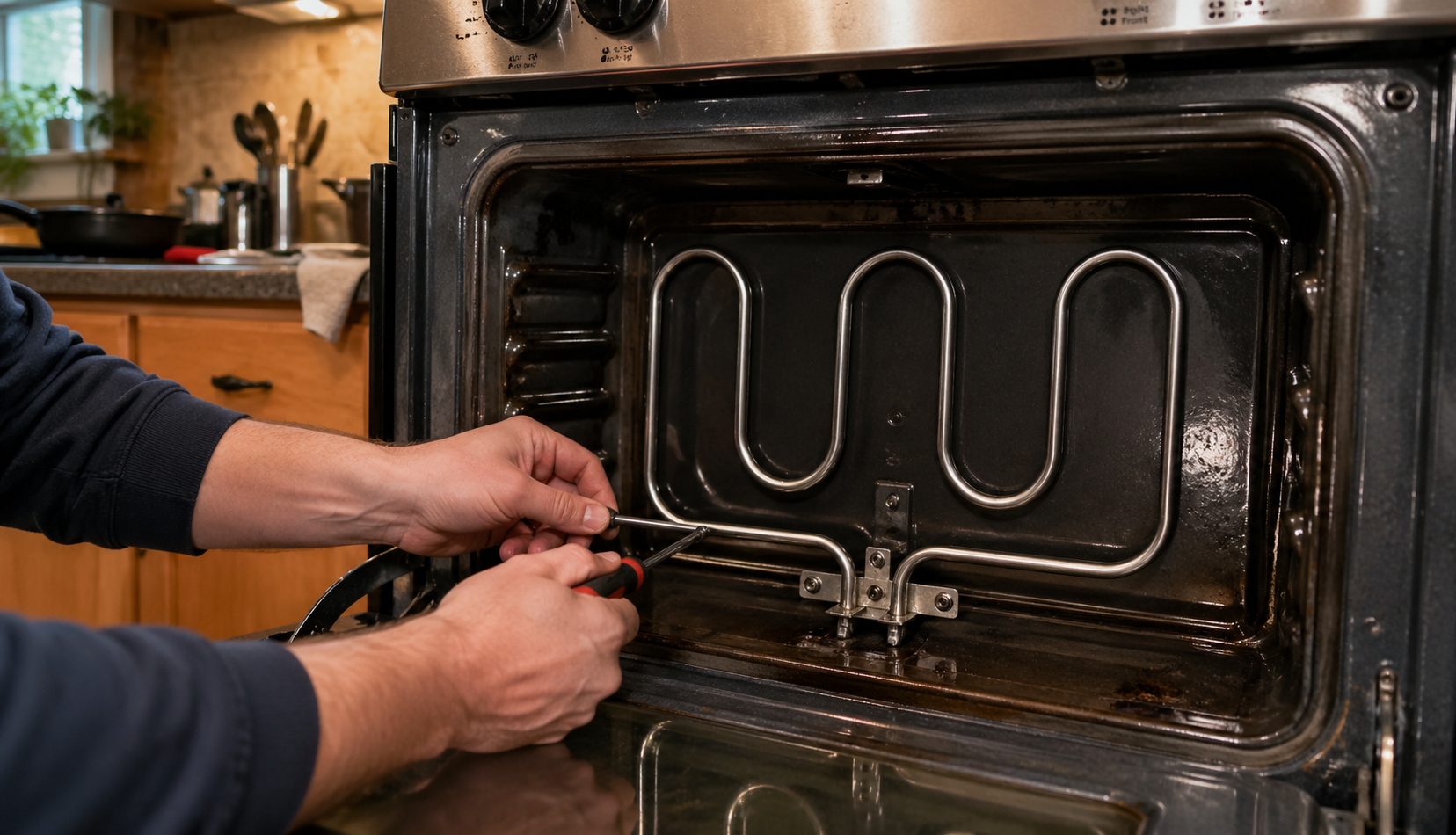 Installing new oven heating element during home repair