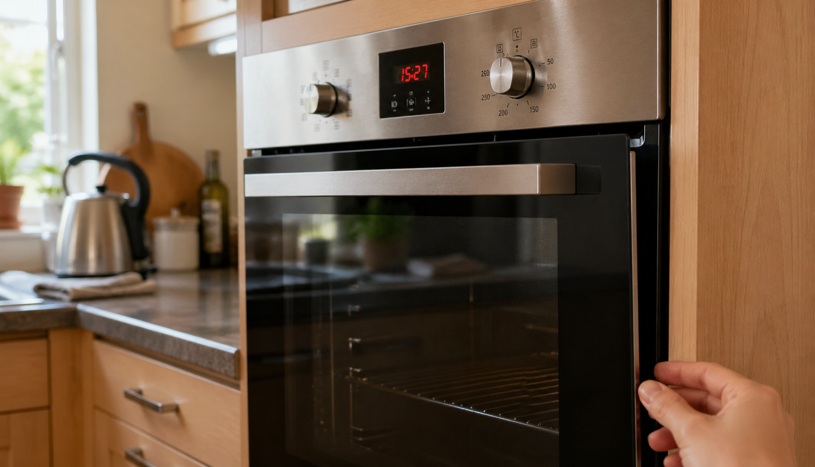 Misaligned oven door slightly open in home kitchen