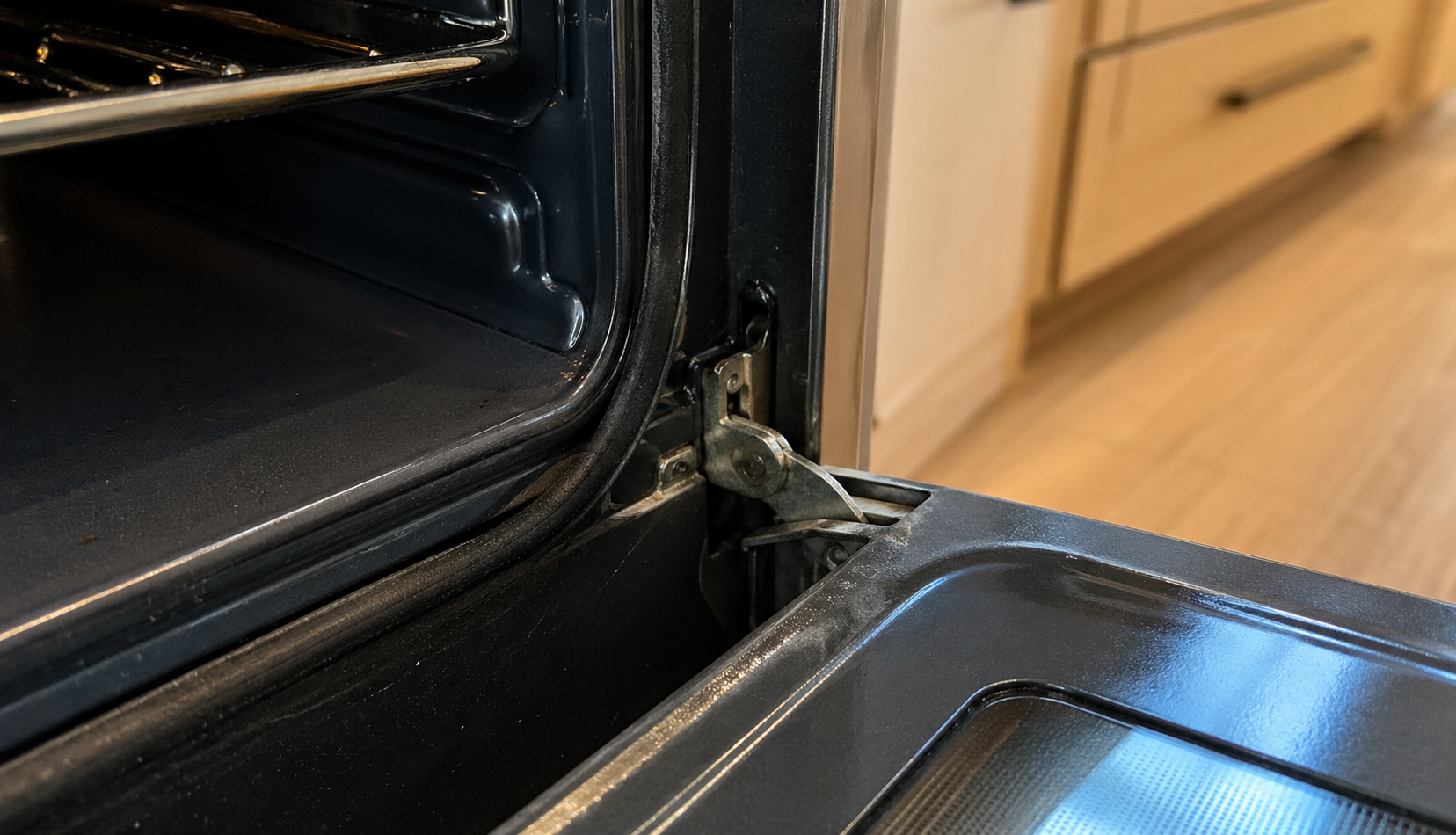 Close-up of oven door sag showing hinge misalignment
