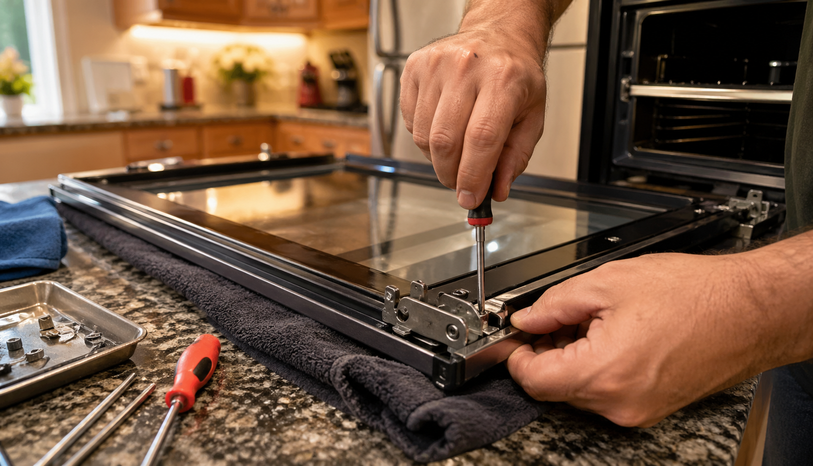 Hands adjusting oven door hinges during home repair