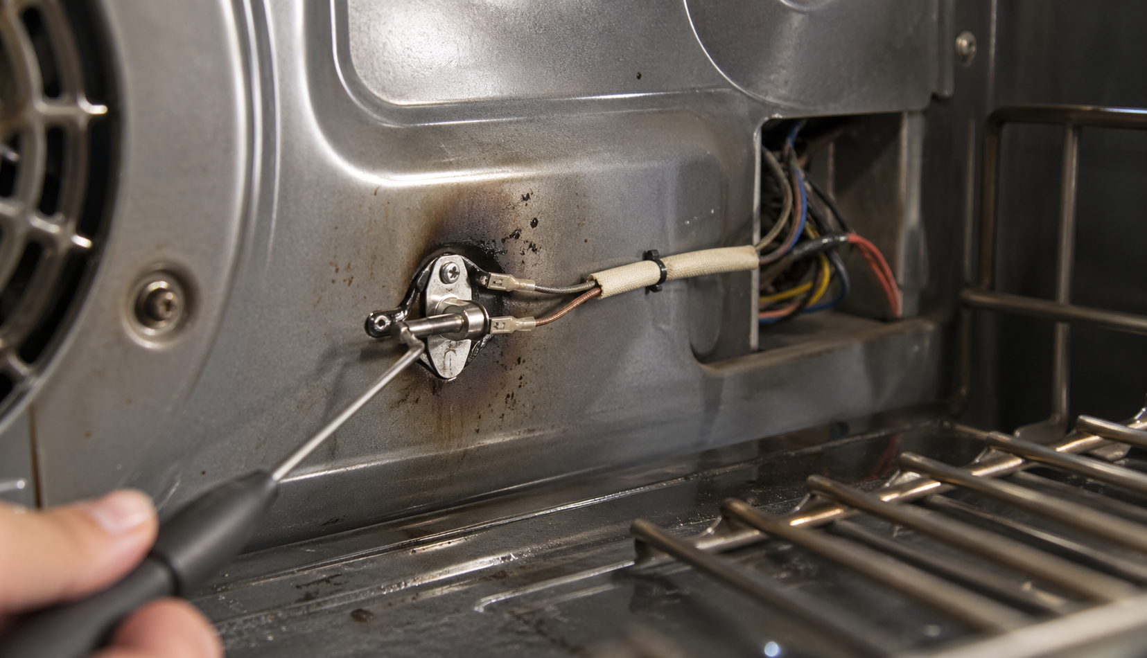 Close-up of oven temperature sensor inside appliance