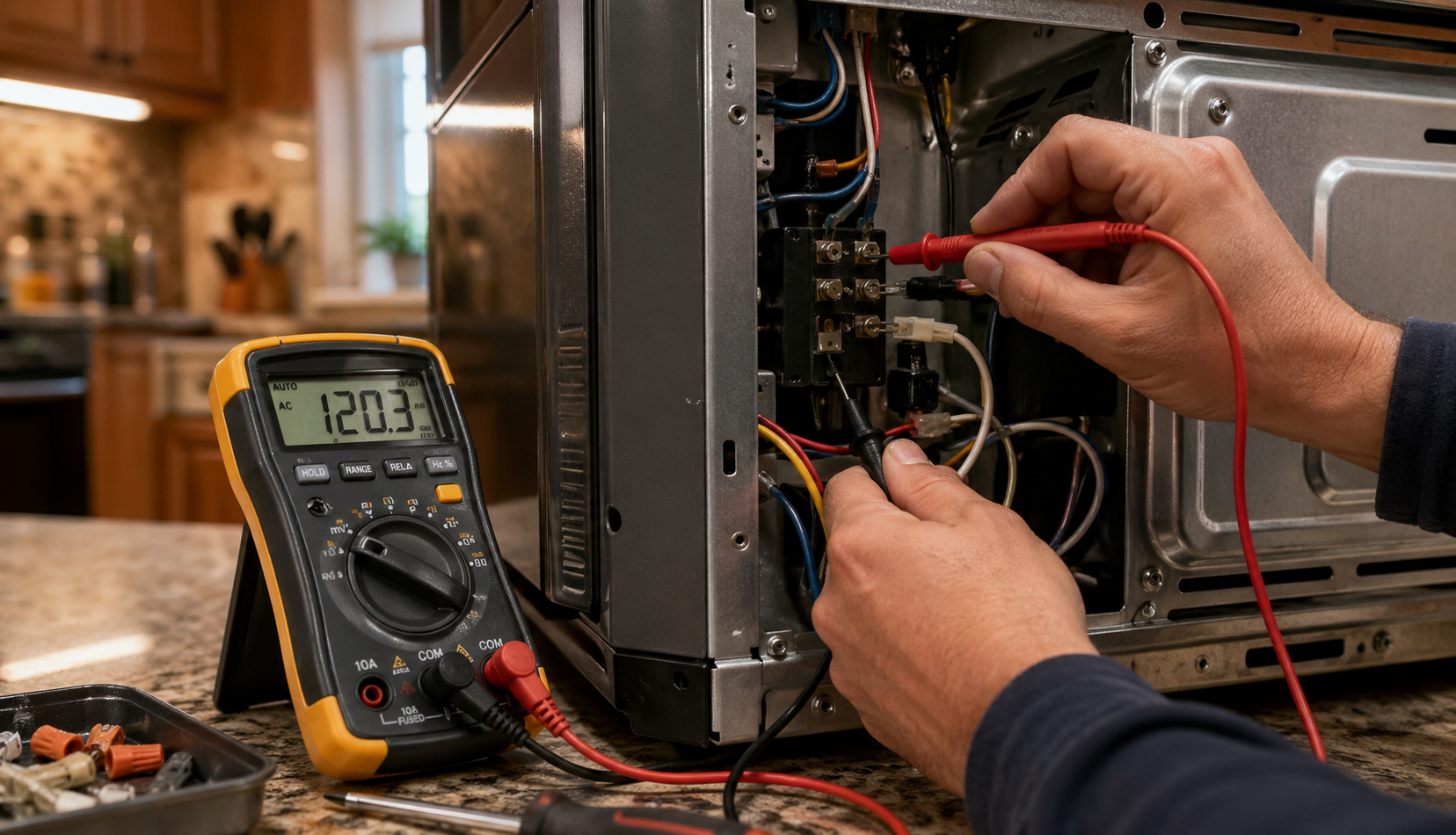 Technician testing oven wiring with multimeter during repair