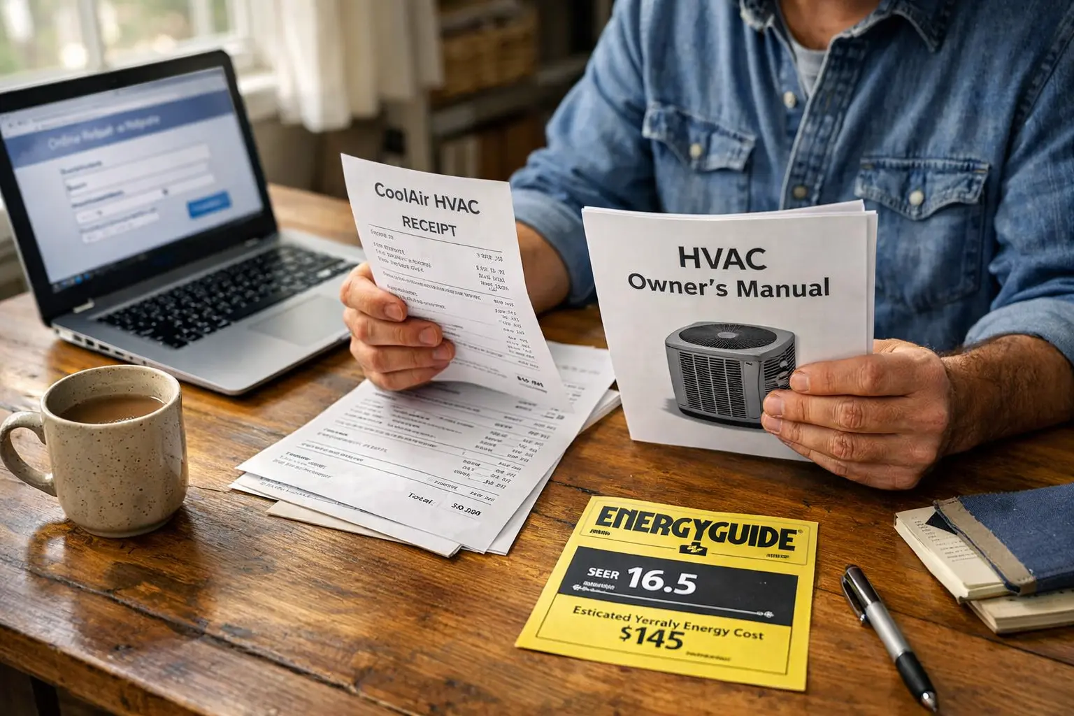 homeowner reviewing hvac documents and rebate paperwork at table