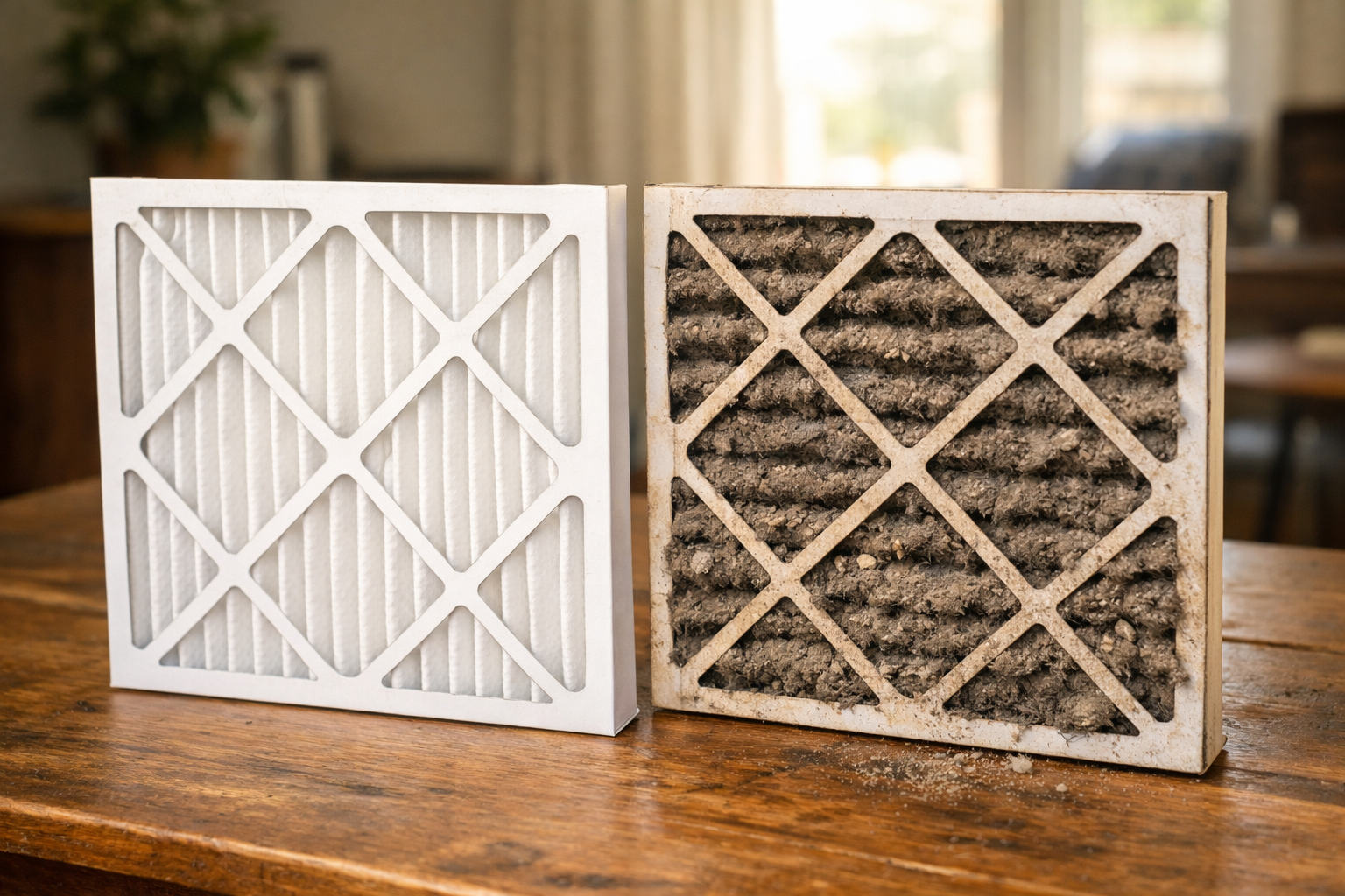 Clean and dirty air conditioner filters showing clogged dust buildup