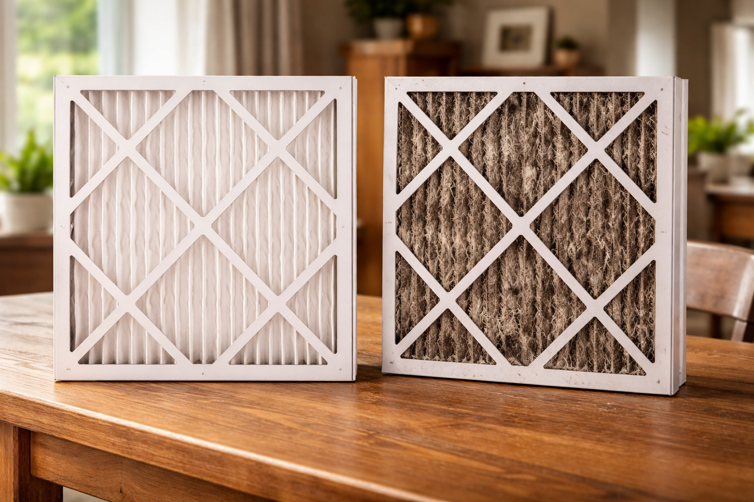Clean and dirty HVAC air filters on wooden table comparison
