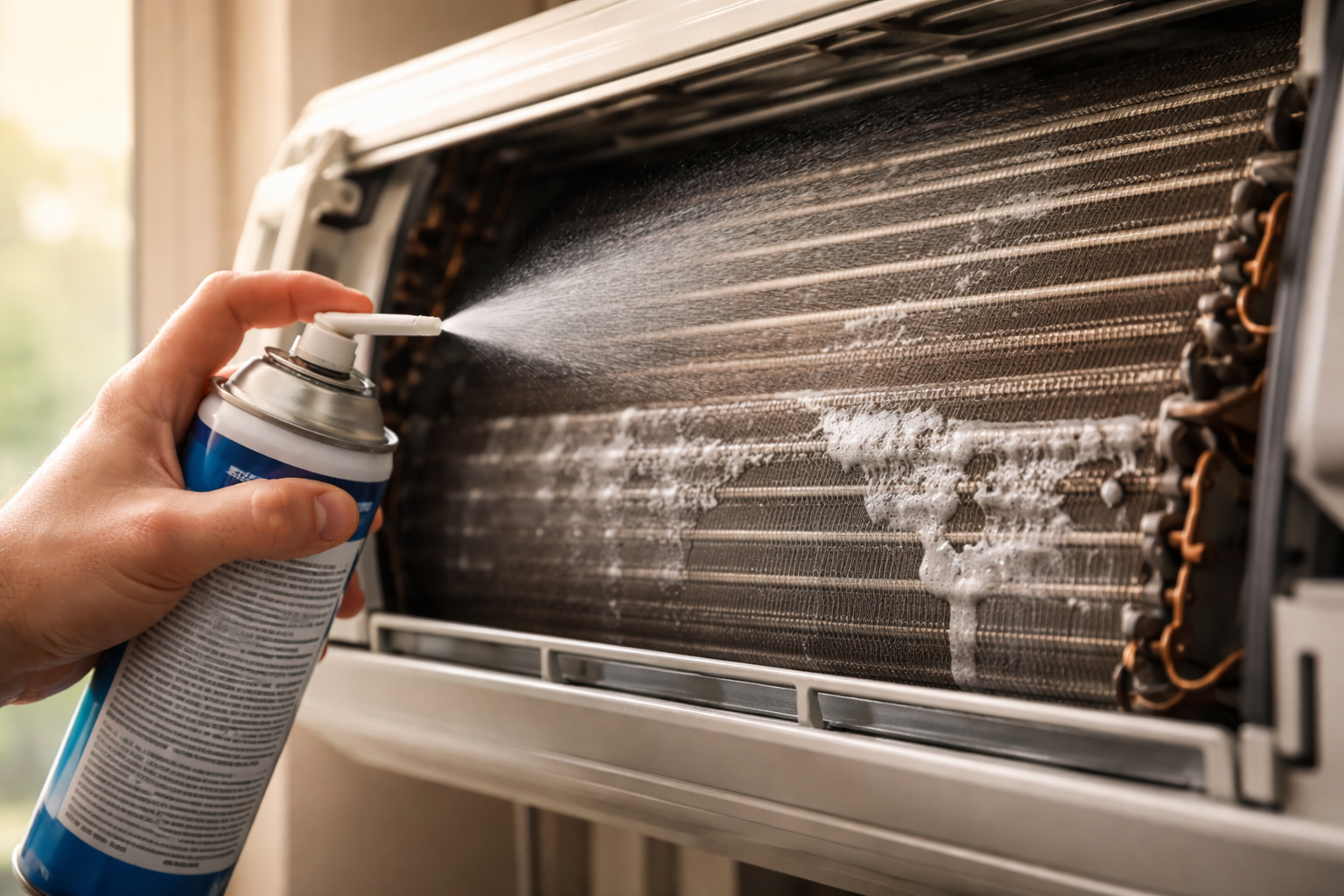 spraying coil cleaner on air conditioner evaporator coils carefully
