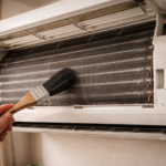 dusty evaporator coils inside air conditioner being cleaned carefully
