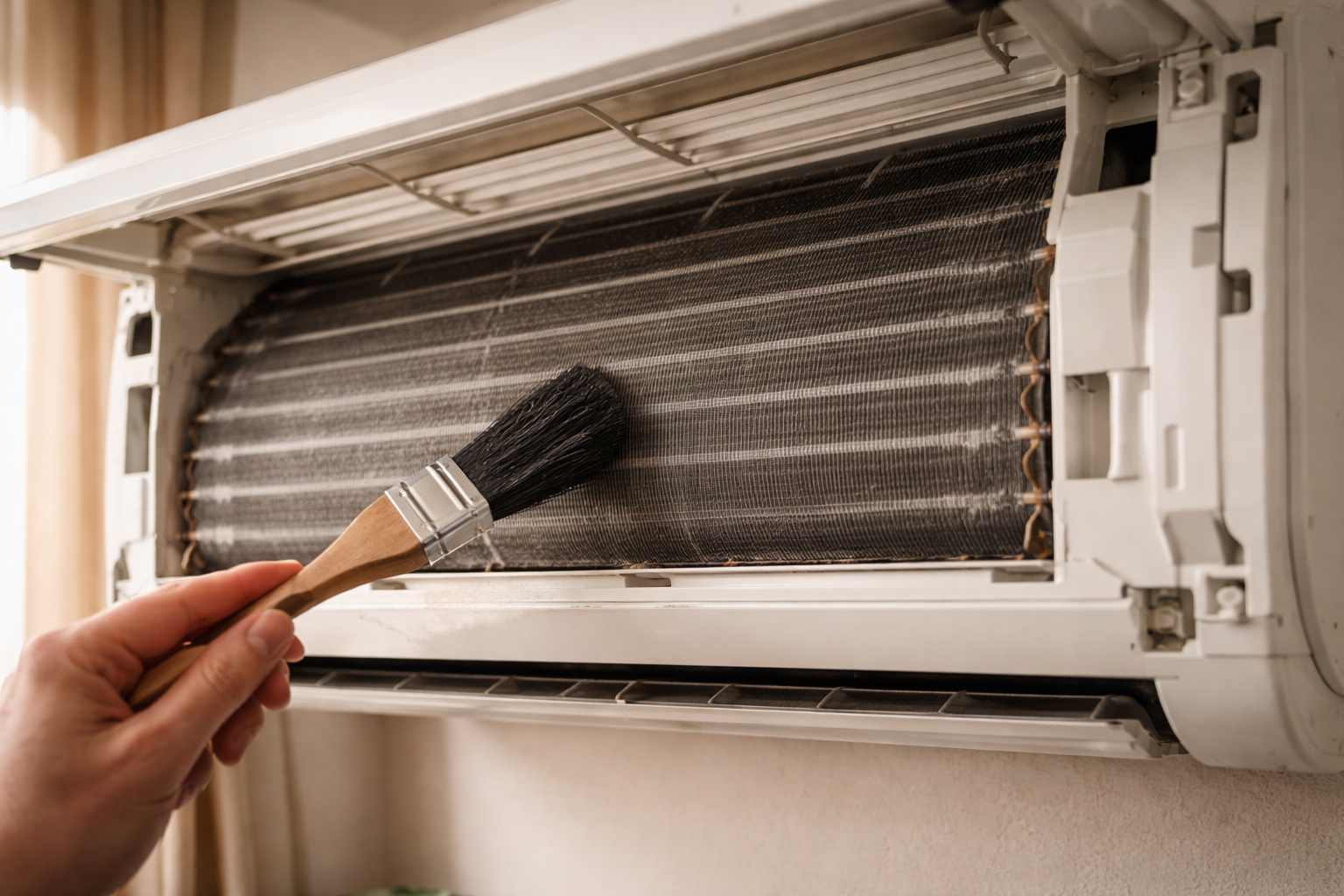 dusty evaporator coils inside air conditioner being cleaned carefully