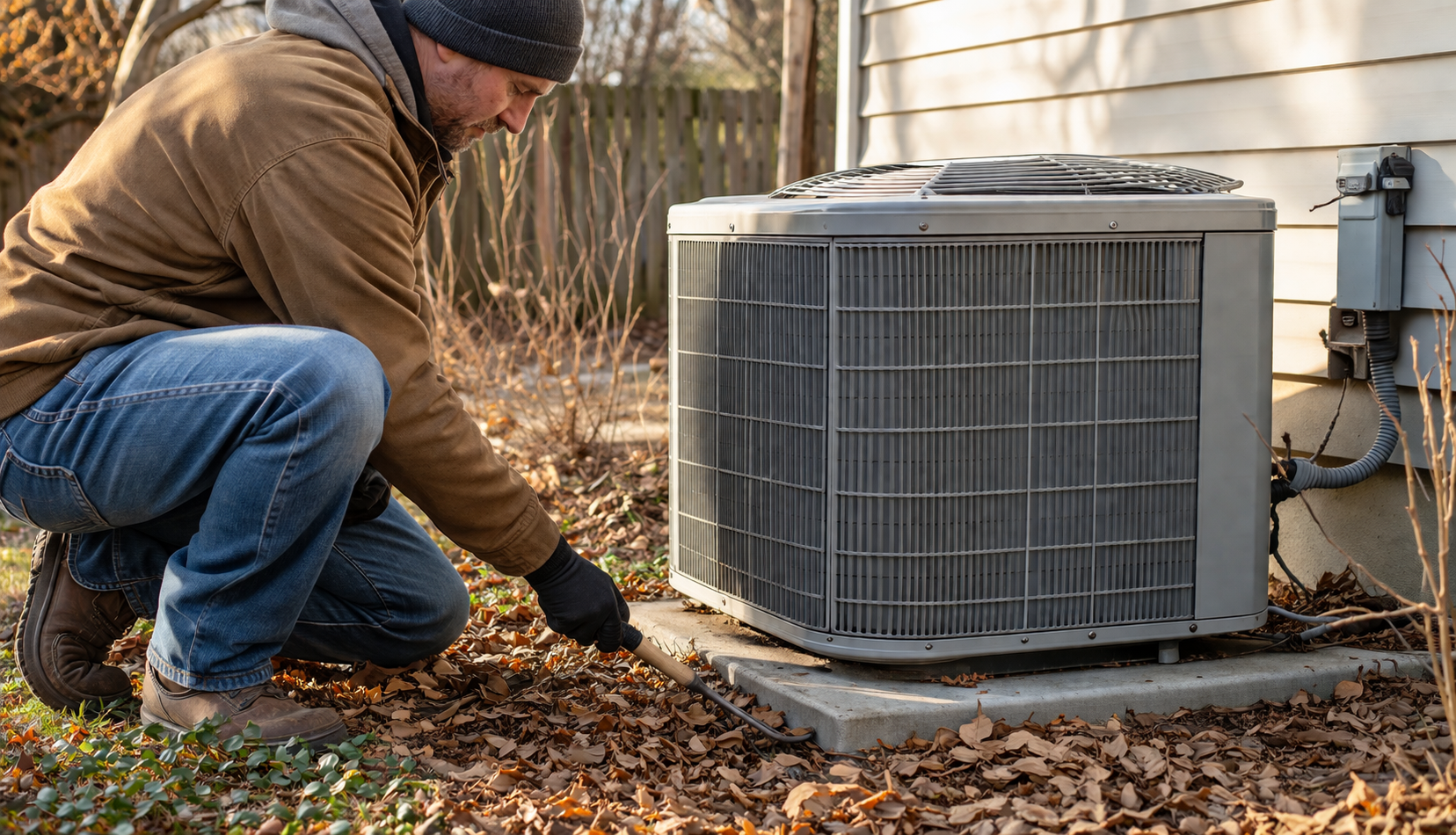 Homeowner cleaning outdoor AC unit for winter maintenance