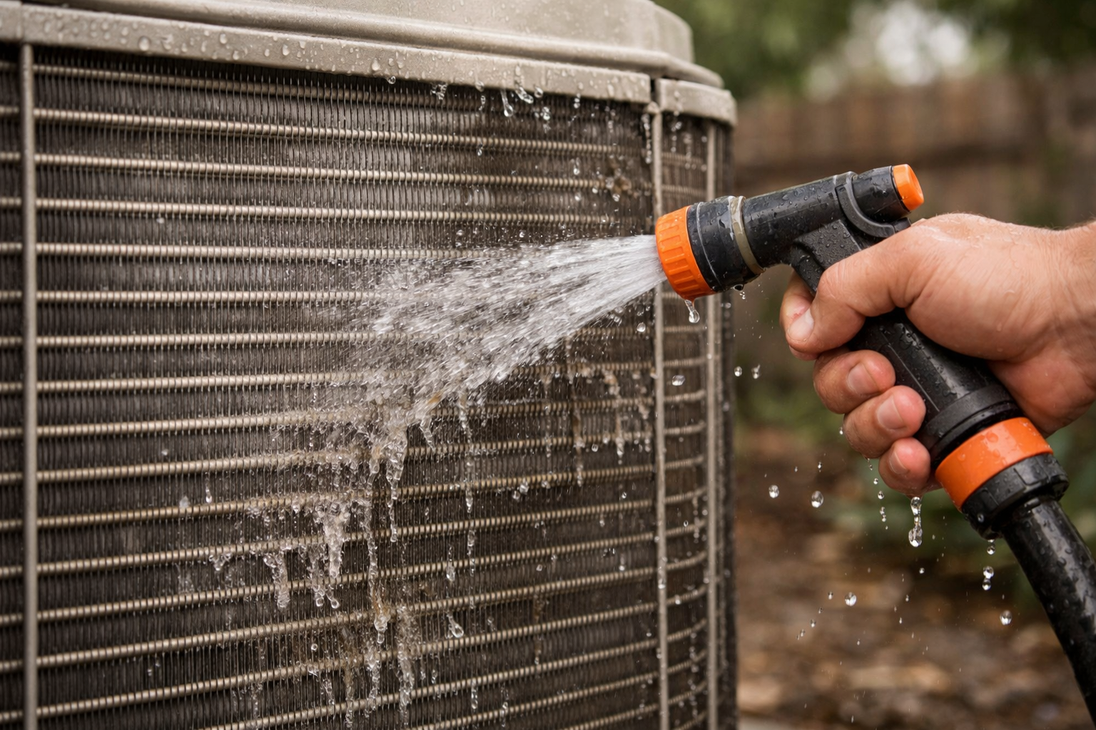 Technician cleaning AC condenser coils with water spray outdoors