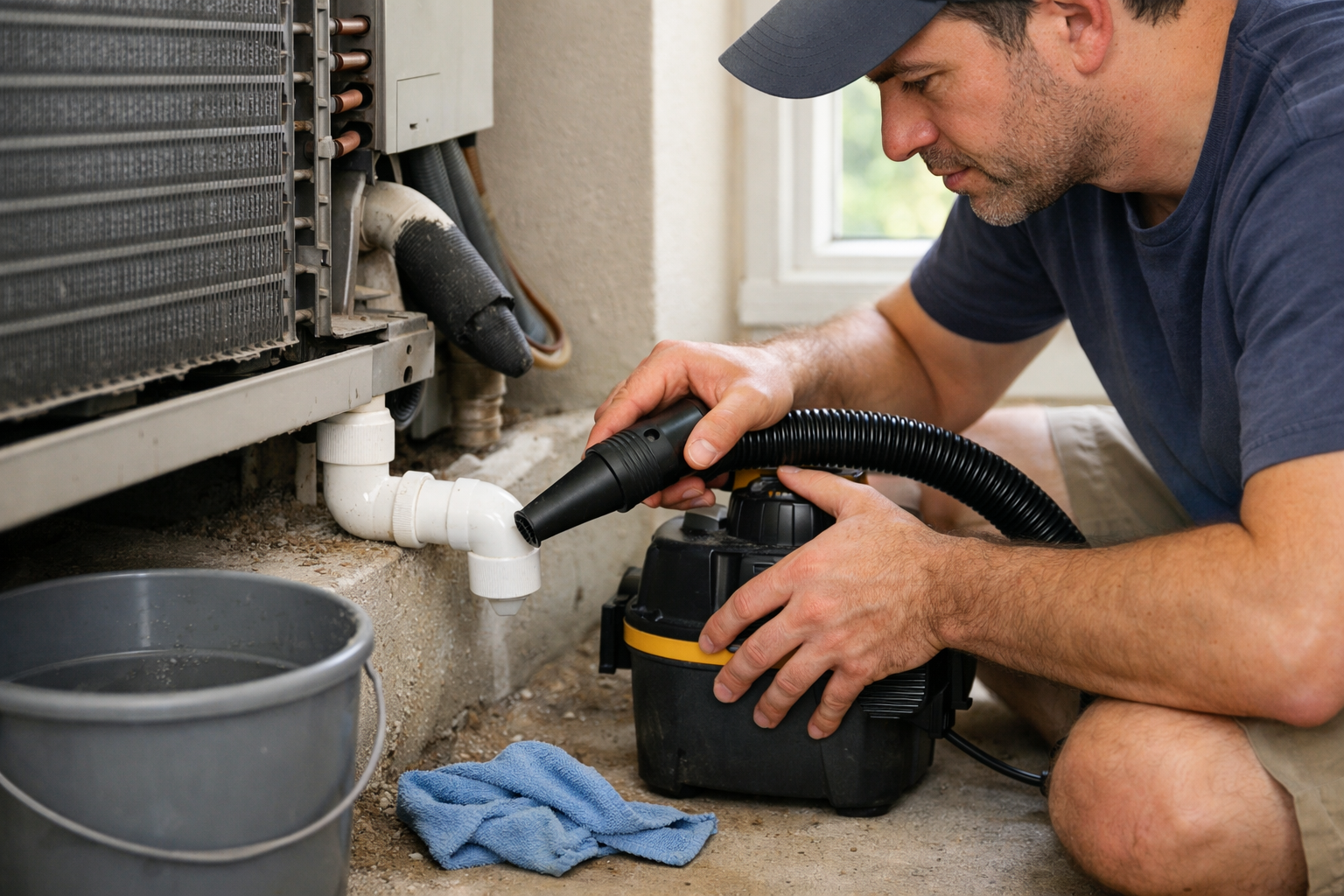 cleaning air conditioner drain line using vacuum at home