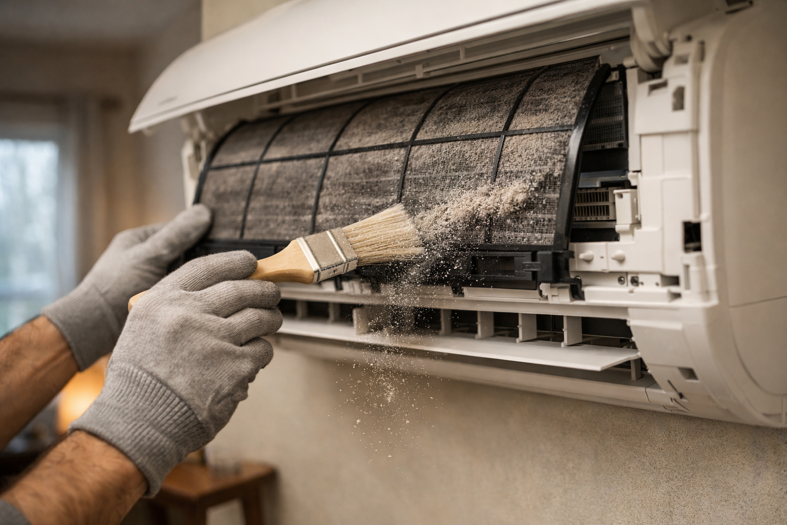 technician cleaning air conditioner filter maintenance indoor unit