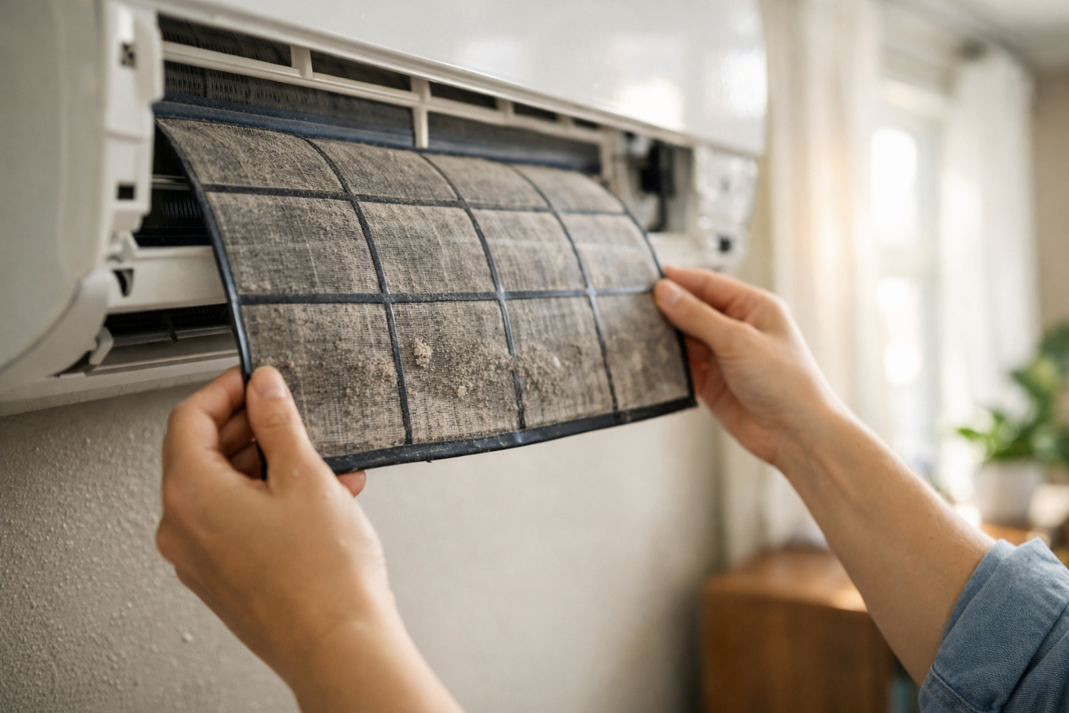 person replacing dirty air conditioner filter at home