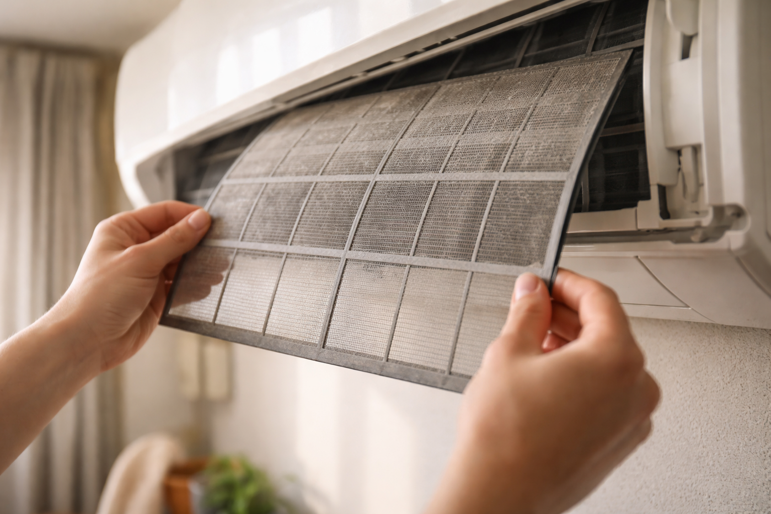 cleaning air conditioner filter at home with natural lighting