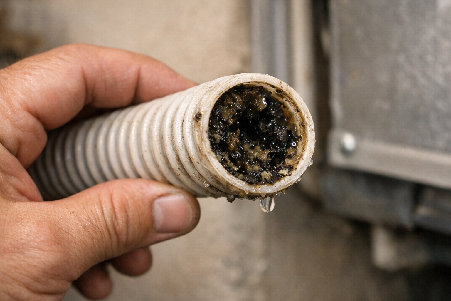 clogged air conditioner drain line with dirt and algae buildup
