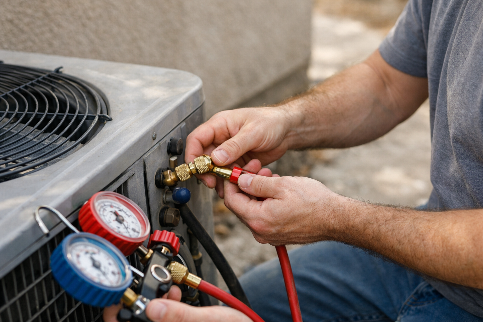 connecting refrigerant gauge to home air conditioner service port