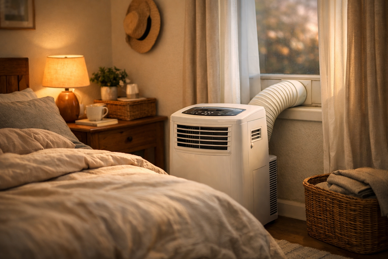 Proper portable air conditioner setup in cozy bedroom environment